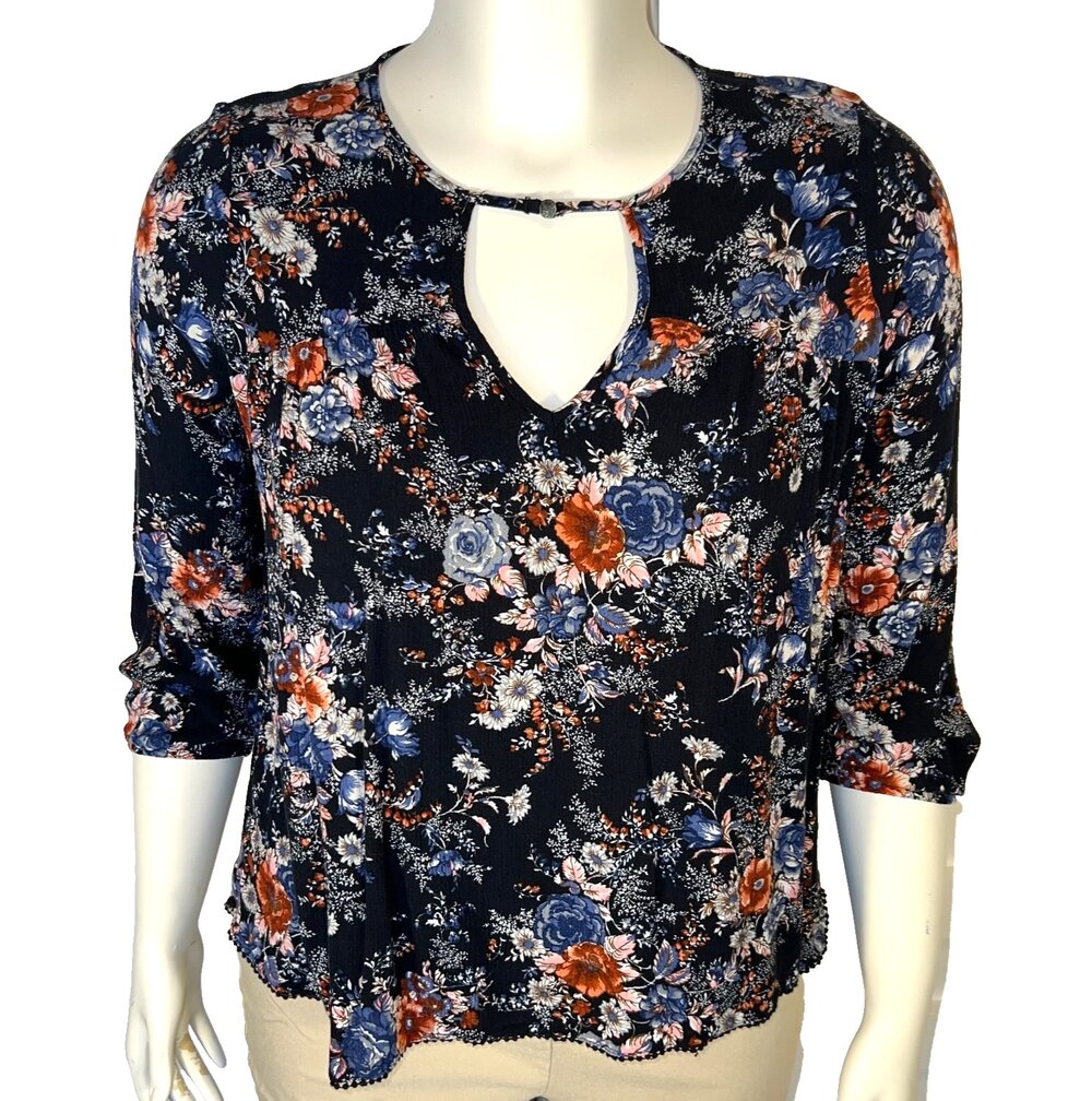 American Eagle Outfitters Peasant Blouse Womens M Midnight Floral Keyhole Neck